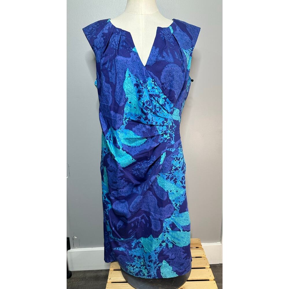 Adrianna Papell Navy Blue Floral Sheath Dress Jacquard Faux Wrap V Neck Size 14